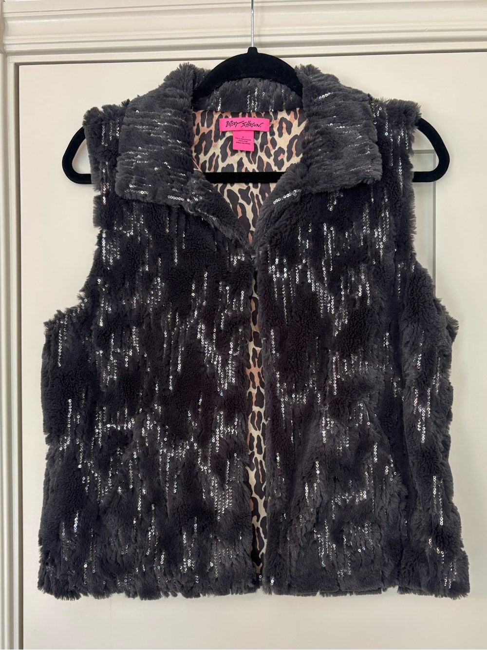 Betsey Johnson Faux Fur Sequin Vest Leopard Lining Y2K Glam Fall Layer Small